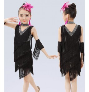 Black v neck sequins girls kids children performance fringes competition salsa cha cha latin dance dresses outfits